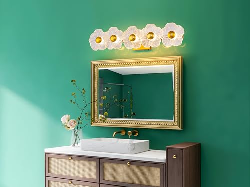 Image of MantoLite 26.7'' Bathroom Light Fixtures Modern Vanity Light Over Mirror Adjustable 3000K-6000K Picture Lights Art Light with Floral Clear Glass Shades for Living Room Bedroom (5 Light Gold)