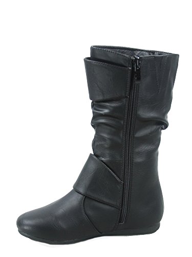 Link Klein-80K Girl's Kid's Cute Faux Leather Two Buckle Zipper Flat Heel Mid Calf Boot Shoes,Black,9 #TOP2