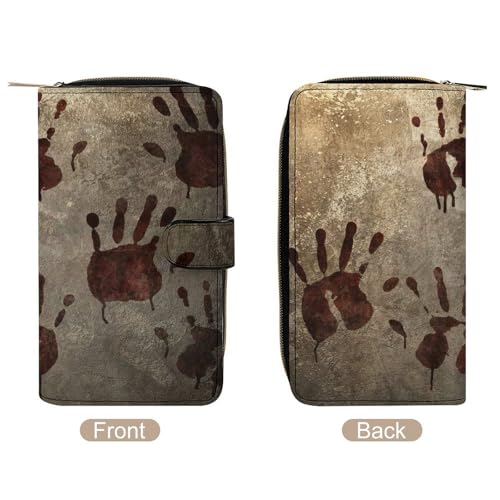 Nugier Women Soft PU Leather Wallet, Zipper Card Case Clutch Credit Bills Money Crash Coin 7.8x4.3x1.4 in Holder Purse Print Old Vintage Bloody Handprints Blood Hands4