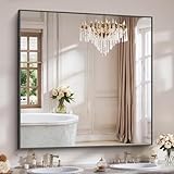 YIROMAN Bathroom Mirror for Wall 48'x48', Large Matte Black Bathroom Mirror with Metal Frame, Square Vanity Mirror with Right Angles, Wall Mirror Hangs Horizontal or Vertical, Shatterproof
