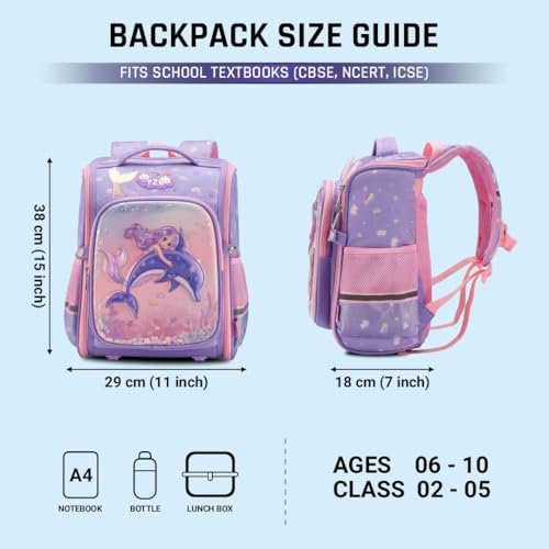 Image of Elios Mermaid School Backpack for Girls Age 6 to 10 | 6-Point Spinal Care Design | Smart Spine System | Water Resistant, Reflective Safety Strips, Lightweight Ergonomic Bag for Class 2 to 5