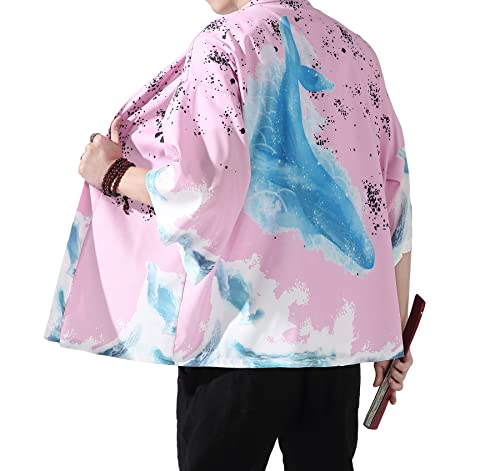 Image of PRIJOUHE Men's Lightweight Kimono Jacket Seven Sleeve Open Front Cardigan Coat Japanese Style Bathrobe