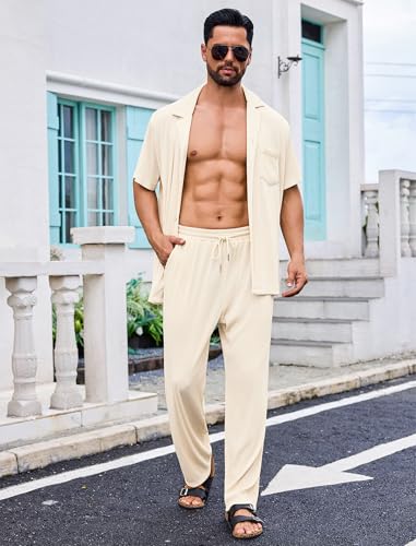 Mens Two Piece Summer Outfit Short Sleeve Ribbed Shirt and Pants with Pockets Loungewear Beachwear Sleepwear2