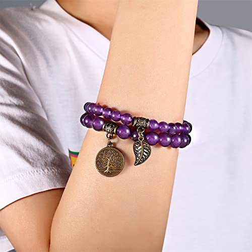 Bivei Amethyst Quartz Beaded Bracelets Chakra Crystal Healing Tree Of Life And Leaf Charm Bracelet Natural Semi-Precious Gemstone Stretch Bracelets Set For Women Calm And Anxiety Relief #TOP1