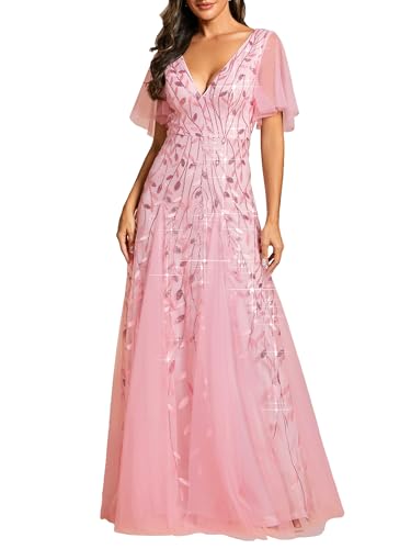 Ever-Pretty Women's Sequin Sparkly V-Neck Short Sleeve A-Line Floor Length Formal Evening Dress Pink US10