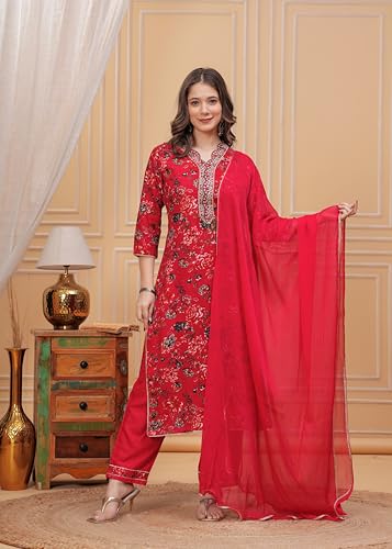 Image of MANHAREE | Women's Rayon Printed Straight Kurta with Pant & Dupatta Set