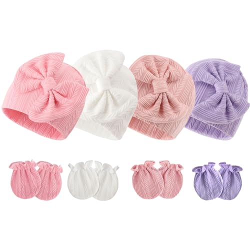 Image of BQUBO Newborn Baby Hats Bear Ears and Mittens Sets Preemie Caps Baby Boy Girl Infant Hospital Beanie for 0-3 Months