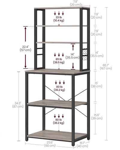 Image of VASAGLE Coffee Bar, 23.6 Inches Baker's Rack for Kitchen with Storage, 6-Tier Kitchen Shelves with 6 Hooks, Microwave Stand, Industrial, Heather Greige and Ink Black UKKS024B02