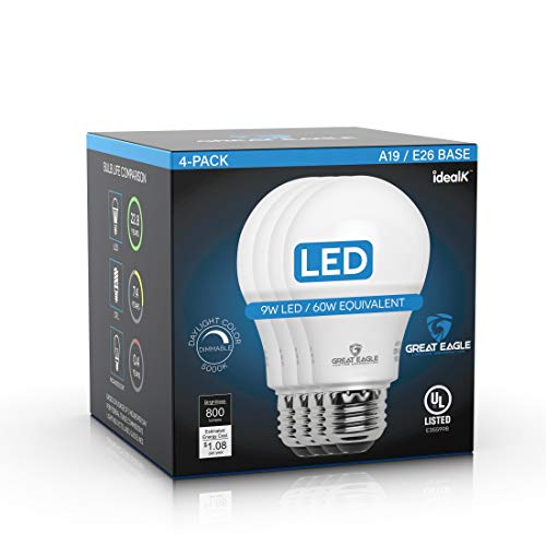 Great Eagle A19 Led Light Bulb, 9W (60W Equivalent), Ul Listed, 5000K Daylight, Dimmable, Standard Replacement (4 Pack) #TOP3