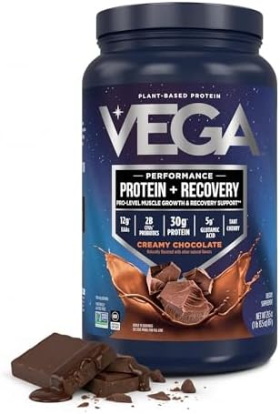 Vega Protein + Recovery, Chocolate – 30g Vegan Protein, Dairy & Gluten Free, Probiotics, NSF Certified, 837g (19 Servings)