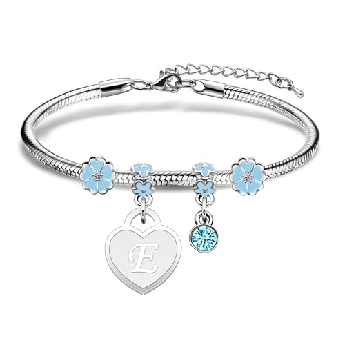 Casxyue Women’s Initial Charm Bracelet Silver A-Z Letter Love Heart Pendant Jewellery (E)