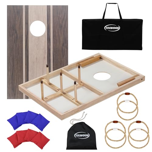 Image of Cornhole Board Set with Ring Toss Game, Soild Wood Cornhole Game Set with 8 Bean Bags and 2 Cornhole Boards, 3x2 ft Premium Corn Hole Games for Adults and Family