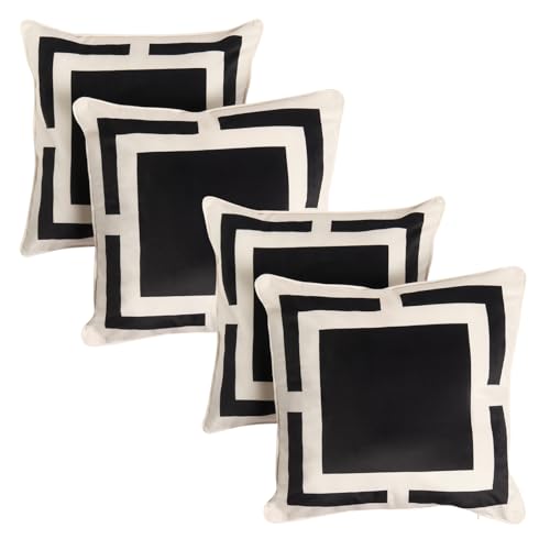 OHS 4 Pack Cushion Covers 45 x 45 Square Print, Matte Velvet Soft Decorative Square Throw Pillow Cover with Invisible Zipper Home Decoration Cushion Covers for Living Room Bedroom, Black/Cream