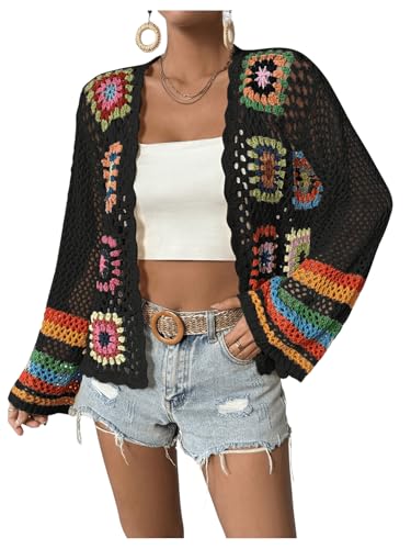 Image of SHENHE Women's Floral Crochet Cardigan Hollow Out Open Front Long Sleeve Cardigan Sweater