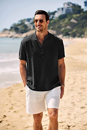 COOFANDY Men's Casual Henley Shirt Band Collar Short Sleeve Shirt Summer Beach Hippie T-Shirt2