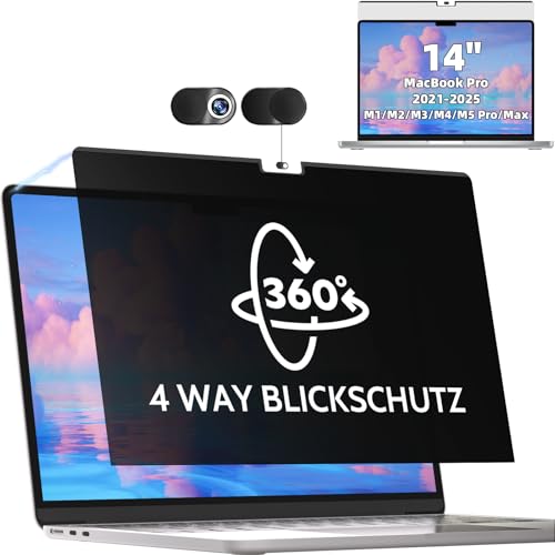 Mamol Filtro de privacidad magnético de 360° para Apple MacBook Pro de 14 pulgadas (2021-2025, M1, M2, M3, M4, M5, Pro, Max), pantalla de privacidad extraíble de 4 vías, antiluz azul, protector de