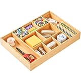 Umilife Extra Large Bamboo Desk Drawer Organizer, Wood Junk Organizer Tray with Adjustable Dividers, Anti-Skip Storage Organization in Office Bathroom Drawer for Vanity, Makeup, 17' x 12'