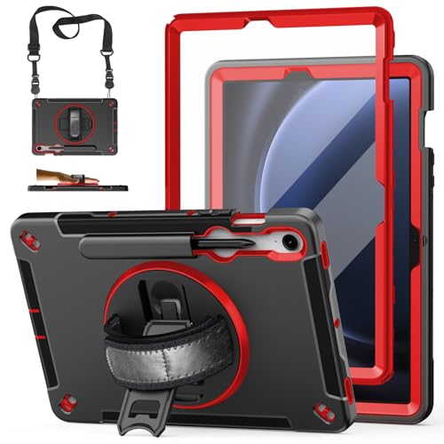 Image of Case for Galaxy Tab S10 Lite &S10 FE S9 FE 10.9 inch /S9 11 Inch: TPU Cover for Samsung Tablet S10 FE / 2025 / S9 FE & S9 2023 5G with Screen Protector- Stand- Handle-Shoulder Strap-S-Pen Holder-Red+Black