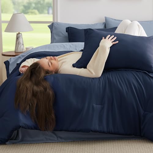 Image of Bedsure Full Size Comforter Set - 7 Pieces Navy Full Bedding Set for All Seasons, Boho Contrasting Design Bed in a Bag with Comforter, Sheets, Pillowcases & Shams