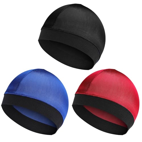 3 Pcs Satin Skull Cap Soft Wave Cap Helmet Liner Elastic Skull Caps Sweat Hat for Sport Football Basketball Ski Cycling Outdoor Activities(Red Blue Black)