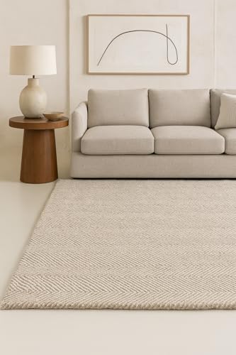 Restoration and Renovation Modern Herringbone Chevron Collection Handmade Wool Area Rug - Durable for High Traffic, Contemporary Design for Living Room, Bedroom, Dining Room Decor (Sand, 5 x 8 Feet)