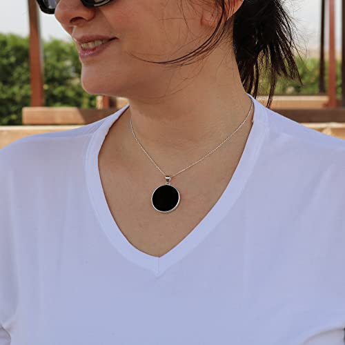 Echmeck Sterling Silver 925 Round Flat Onyx Handmade Pendant Necklace (16+2 Inches Chain, Black - 20Mm / 0.82'') #TOP1