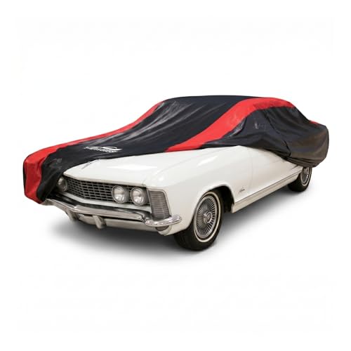 Image of Car Cover Custom Fit for Buick Riviera 1963-1970 | Red Strip Design, Cotton Liner for Paint Protection, Sun Rain Snow UV Proof, Door Zipper, Windproof Buckle, Storage Bag