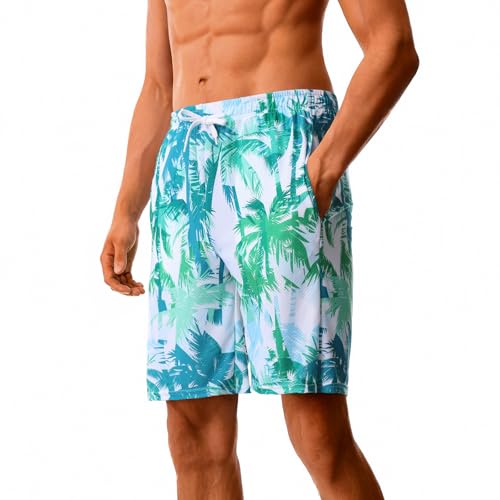 SCVBH Mens Graphic Shorts Drawstring Waist Beach Hawaiian Athletic Workout Elastic Lightweight Summer Casual Shorts with Pocket (L, White Palm Tree Pattern)