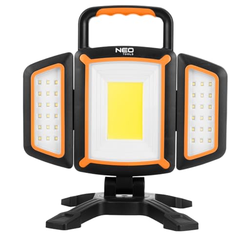 NEO TOOLS Projecteur LED à batterie, 2000 lm, super lumineux, avec aimant, 4 modes d'éclairage et batterie externe, lampe de travail rotative portable pour garage, atelier
