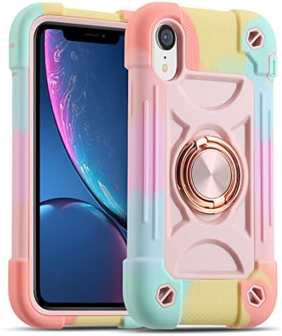 MARKILL Compatible with iPhone XR Case 6.1 Inch with Ring Stand, Heavy-Duty Military Grade Shockproof Phone Cover with Magnetic Car Mount for iPhone XR 6.1. (Rainbow Pink)