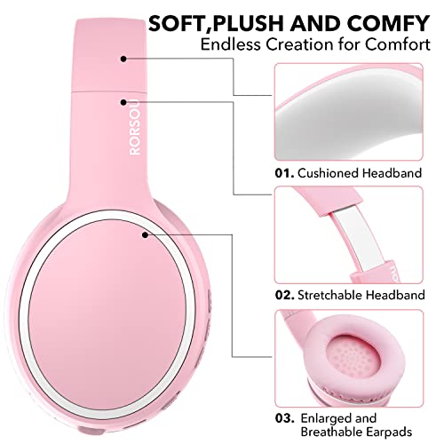 Rorsou B10 Bluetooth Headphones Over Ear, Lightweight Folding Stereo Bass Wireless And Wired Headset With Mic, 50H Playtime, Volume Control, Bluetooth 5.3 Headphones For Ipad/Travel/Tablet/Pc (Pink) #TOP2