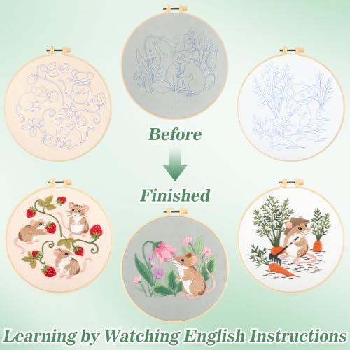 Image of Mindsoft 3 Set Needlepoint Kit for Beginners with Hoop,Garden Mouse | Bamboo Hoop Thread Needles Instructions, Easy Hand Embroidery for Beginners Home Crafts,Pre-stamped Funny Cute Designs
