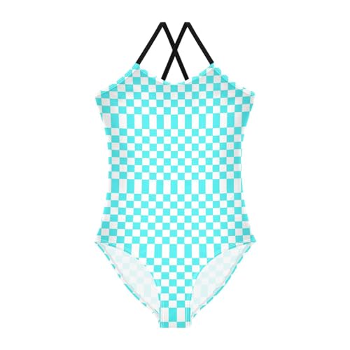 Image of Black and White Chess Girls One Piece Swimsuits Board Marble Tile Sport Halter Swimwear Beach Bathing Suit 3T