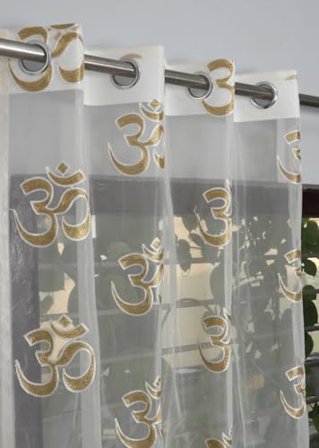 Image of KALIYO Sheer Net Curtains with Om Embroidery | Transparent Window Curtain for Living Room, Bedroom & Pooja Room | Ring Eyelet Curtain Panel | 1 Curtain | 8ft