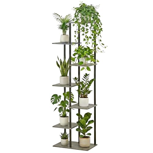 JEPRECO Plant Stand Indoor 7 Tier 8 Potted Metal Wood Plant Shelf, Multiple Flower Pots Corner Tall Plant Holder Stands for Living Room Balcony Bedroom, Oak Grey