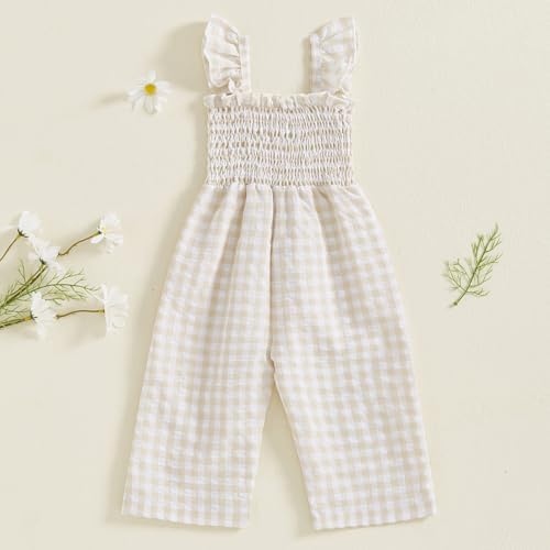 Toddler Baby Girl Romper Overalls Outfit Plaid Jumpsuit Floral Strawberry Birthday Flare Pants Summer Clothes (B2 Plaid Yellow, 6-12 Months) — view 3
