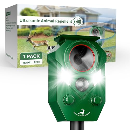2 Pack Solar-Powered Ultrasonic Animal Repellent with Motion Sensor, Waterproof Cat Deterrent with LED Flashing Lights, Perfect for Outdoor Yards, Effective to Repel Cats, Coyotes, Raccoons, and Deer.