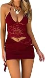 Siyova Conjunto de 2 piezas de falda sexy de verano para mujer, blusa de encaje transparente con flores + minifalda fruncida asimétrica, mini vestidos de fiesta y club, rosso, M