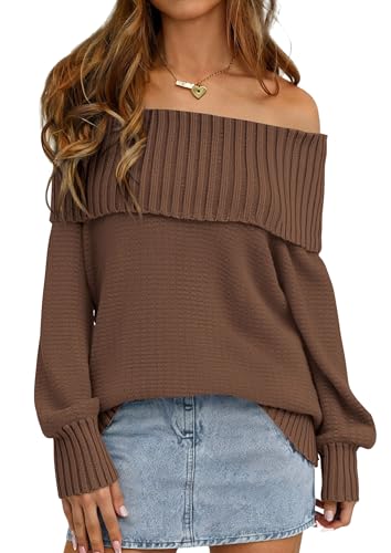 PRETTYGARDEN Womens Off The Shoulder Sweater Long Sleeve Tops Loose
