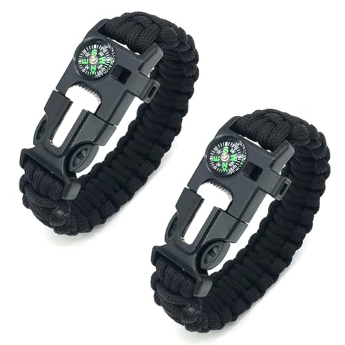 NJCXOLA Bracciale Sopravvivenza, Braccialetto Sopravvivenza in Paracord, Braccialetto Paracord con Accendino, Fascia Regolabile per Campeggio, bushcraft, Kit di Emergenza(2pcs,Nero)