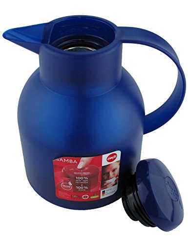 Foto von Emsa Samba Isolierkanne 504231 | 1 Liter | Quick Press Verschluss | 100% dicht | 12h heiß, 24h kalt | Transluzent Blau | Polypropylen