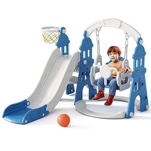 Image of KORIMEFA 4-in-1 Kids Slide and Swing Set, Toddler Slide with Basketball Hoop, Swing, Outdoor Indoor Playground for Toddlers 1-3 (4 in1-Blue)
