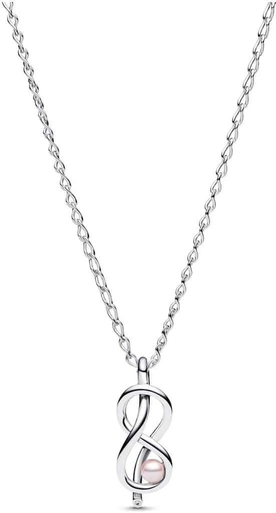 Pandora Moments 393762C01-50 Collier nœud Infini en Argent Sterling Avec zircone et Perle artificielle, Taille : 50 cm, 50 cm, Argent Sterling, Zircone cubique