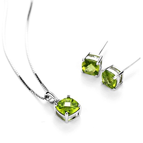 Mints S925 2Ct Peridot Jewelry Set Sterling Silver Pendant Necklace & Stud Earrings August Birthstone Gemstone For Women #TOP3