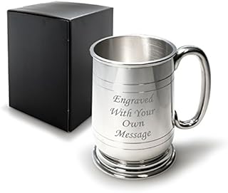 EIO Gifts Personalised 1 Pint Pewter Jacobean Tankard/Mug with C Shaped Handle - Engraved with Your Custom Text.