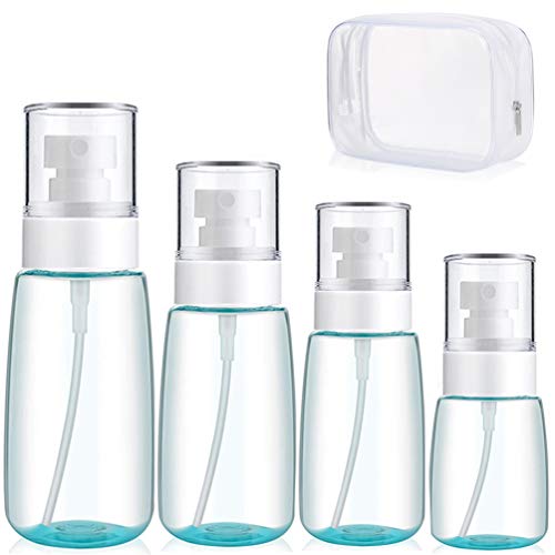 4 PCS Spray Bottle Travel Size,Clear Plastic Empty Fine Mist Bottle Ultra-fine Spray Refillable Container Essential Oils Cosmetic Skincare 30/60/80/100ml+ Clear Toiletry Cosmetic Bag(Blue)