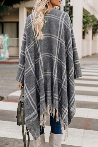 Image of Bestshe Women's Boho Open Front Poncho Plaid Shawl Wrap Cape | Tassel Cardigan Sweater, Cozy Layering, Fall Winter Clothes for Women