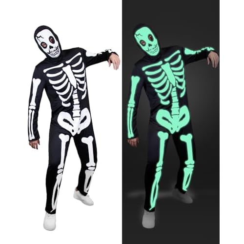 Funidelia Disfraz de esqueleto brilla en la oscuridad para hombre, Talla L Esqueleto, Calavera - Traje para adultos para fiestas, Carnaval y Halloween