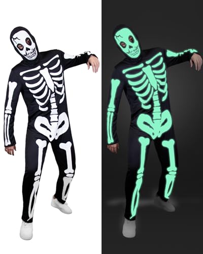 Funidelia Disfraz de esqueleto brilla en la oscuridad para hombre, Incluye mono y pasamontañas - Traje para adultos para fiestas, Carnaval y Halloween, Talla XL