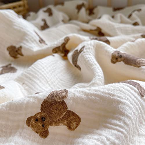 47X51 4 Layer Super Soft 100% Cotton Muslin Bedding Swaddle Nursery Blanket For Baby Girls Boys Infant Newborn Unisex Brown Teddy Bear Animal Print Cute Natural Beige Color Summer Extra Large Size #TOP4